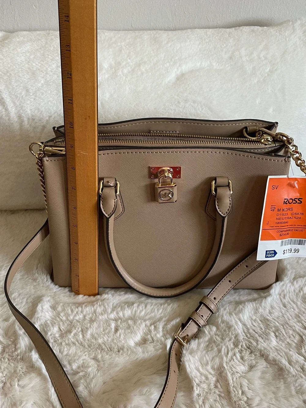 NWT Michael Kors Taupe Saffiano Leather Satchel with Gold Hardware.